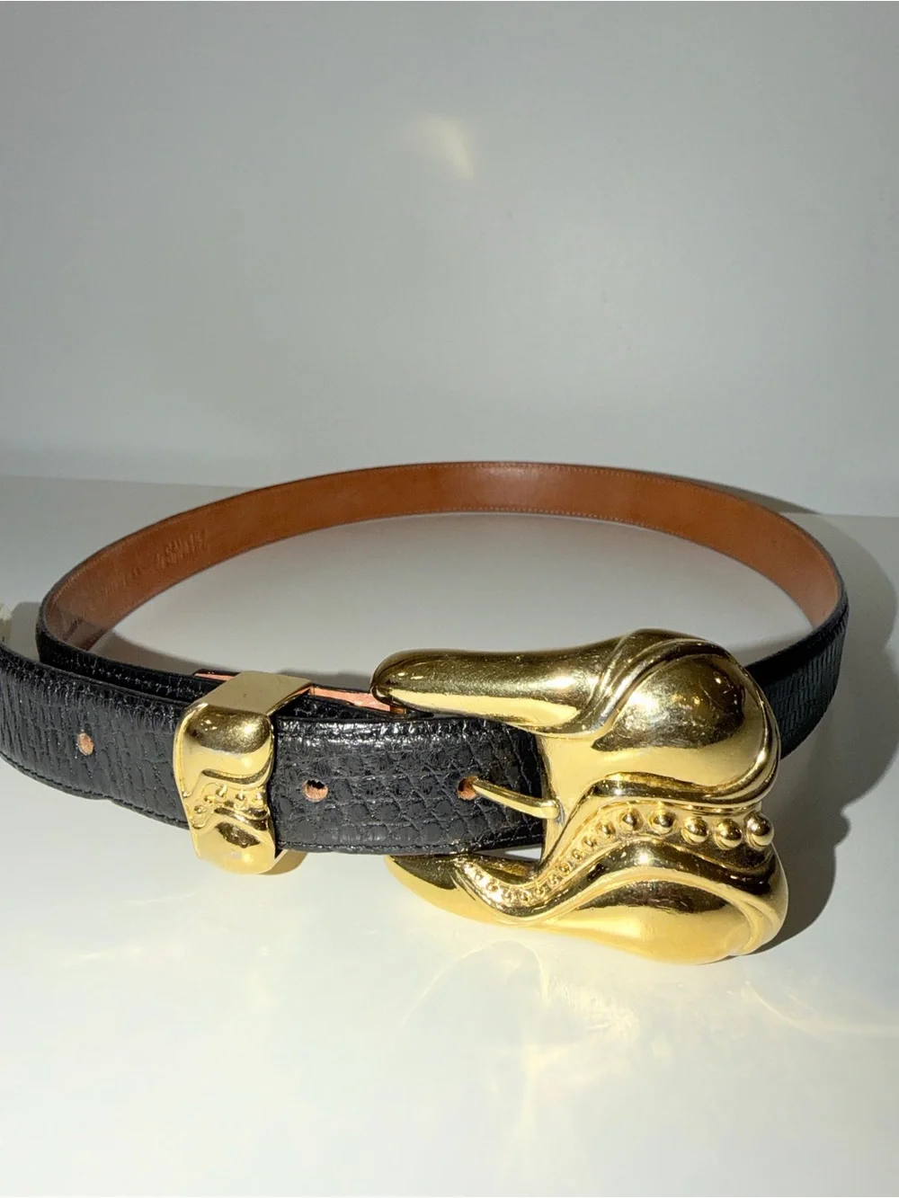 De Sanchez Black Genuine Lizard With Gold-Tone Buckle Belt, Sz 32